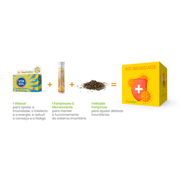 kit imunidade é composto por vitasol, fortymun c efervescente e a infusão fortymun